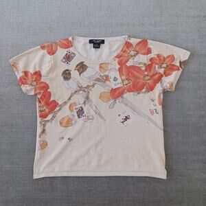 Mark Richards Collection Top Womens XL Beige Playing Card Birds Vegas Y2K